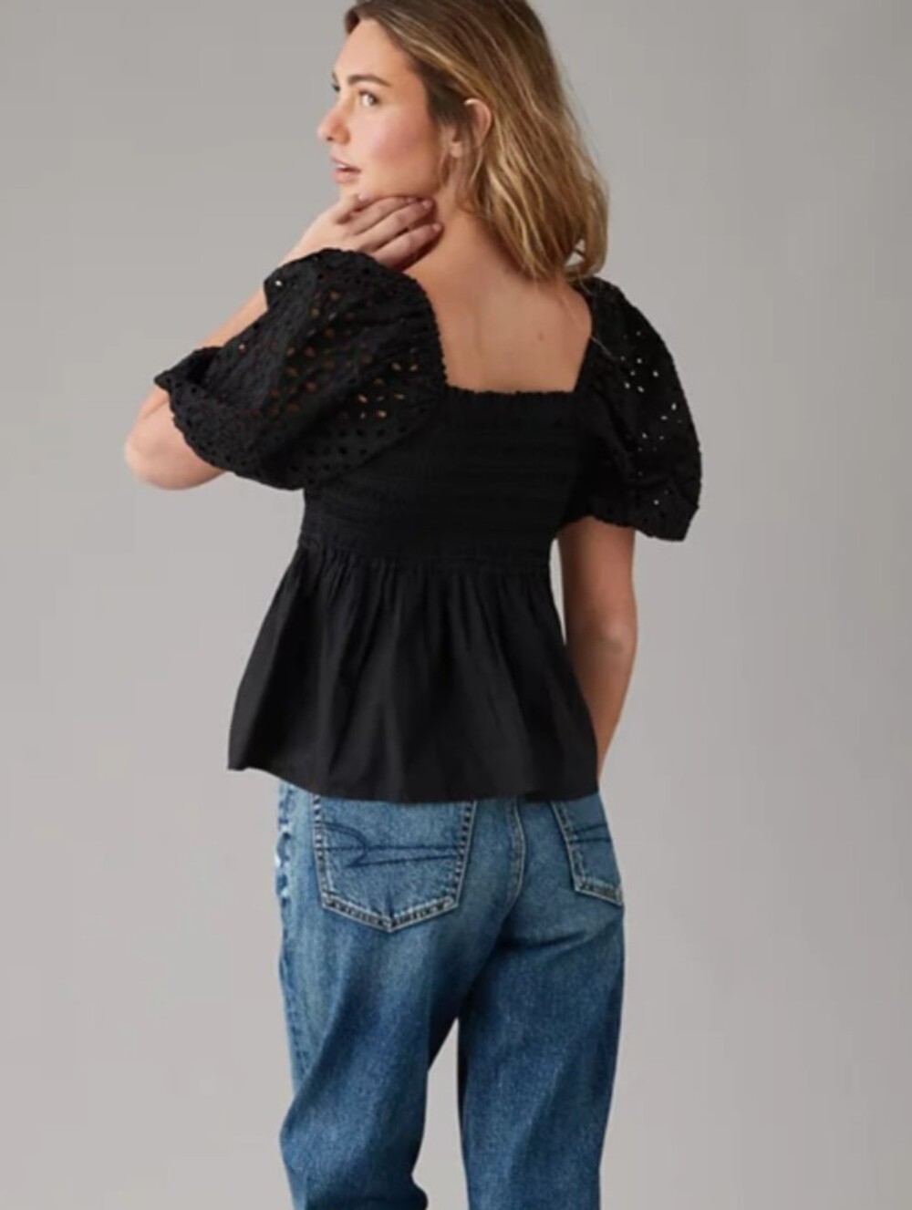 AMERICAN EAGLE Puff Sleeve Eyelet Smocked Black Babydoll Top